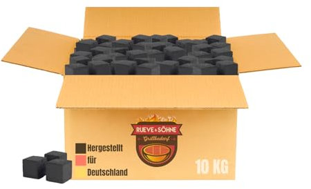 RUEVE&SÖHNE BBQ Grillkohle aus Kokosnussschalen – 10 kg & 20 kg – 26er oder 28er Cubes – Steakhouse Qualität für Grill, Smoker & Dutch Oven (10 kg – 28x28x28mm Briketts)