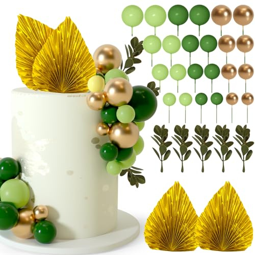 NEBURORA 64 Pcs Balls Cake Toppers and Leaves Decoration Set Mini Balloons for Cake Decorating Supplies Balls Cake decorations for Baby Shower Cake Toppers Birthday Cake Decorations (Green Gold）