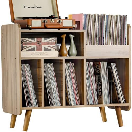 UODERS Plattenspielertisch, Plattenspielerständer aus der Mitte des Jahrhunderts mit Vinylaufbewahrung für bis zu 350+ Alben, Vinyl-Schallplattenschrank mit verstellbaren Regalen, Walnuss