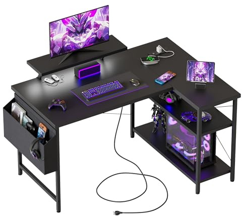 Mericonia Corner Desk, w. Monitorstand & Built-in Socket, 100x70cm, Black | Reversible L-shaped desk w. Bag, Height-adjustable Shelf, with Power Outlets & Led, Gaming computer desk for home & office
