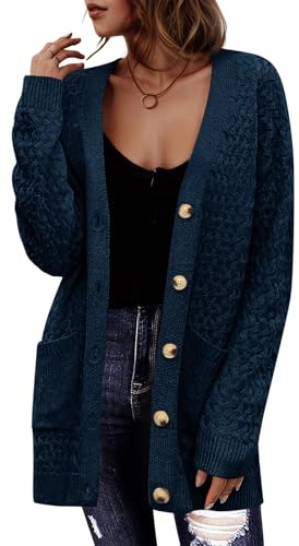 Saodimallsu Cardigan da donna a maniche lunghe, con scollo a V, con bottoni, casual, elegante, con tasche, Blu scuro, M