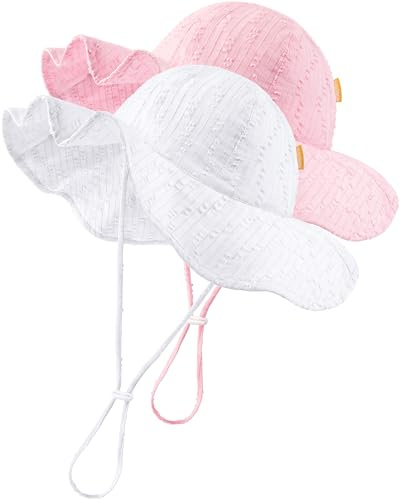 HONGTEYA Baby Sun Hat Toddler Girls Infant Beach Outdoor Summer Hat Wide Brim UPF 50+ Sun Protection White/Pink