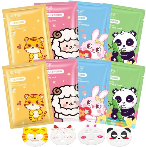 8 Piezas Mascarillas Faciales Animales con Dibujos animados Estampados, Mascarilla Facial Hidratante, Mascarilla de Tela Suave, Regalo para Chicas y Mujeres - Cuidado de la Piel Diario