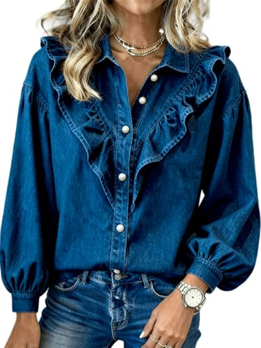 Denim Shirt Women, Cute Ruffle Denim Top, Spring Puff Long Sleeve Ruffled Blouses Tops Dressy Casual, Button Down Collared Jean Shirts for Women(Dark Blue, Large)