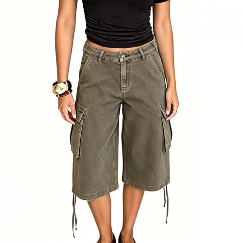 Feclmiyt Women's Camo Cargo Culottes Pants Y2k Drawstring Low Rise Baggy Denim Shorts with Pocket Casual Jorts Streetwear (C-Dark Brown, L)