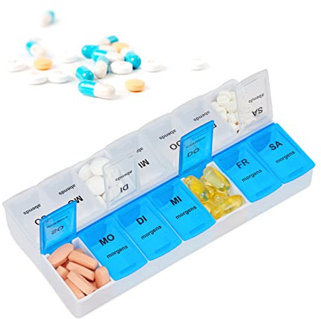 Relaxdays, weiß-blau Tablettenbox für 7 Tage, 2 Fächer, morgens, abends, wöchentliche Pillendose für Zuhause & unterwegs, Standard