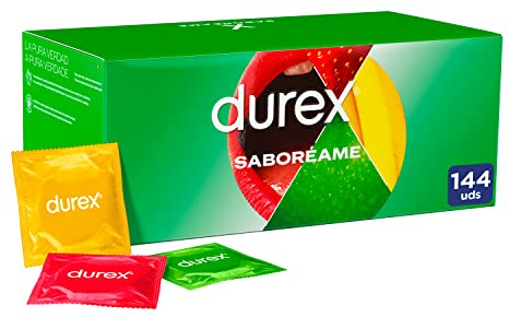 Durex Kondome Probieren Sie mich, fruchtige Aromen für zusätzlichen Spaß, Erdbeere, Banane, Orange und Apfel, 144 Kondome