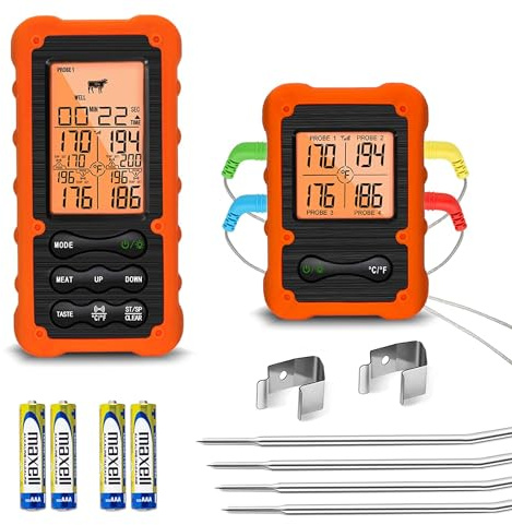 Grill Smoker BBQ Cooking Food Thermometer Oven Safe - Digital Wireless Meat Thermometer for Grilling Smoking with 4 Probes - Kitchen Baking Steak Turkey Candy Thermometers, not for Medical Purposes