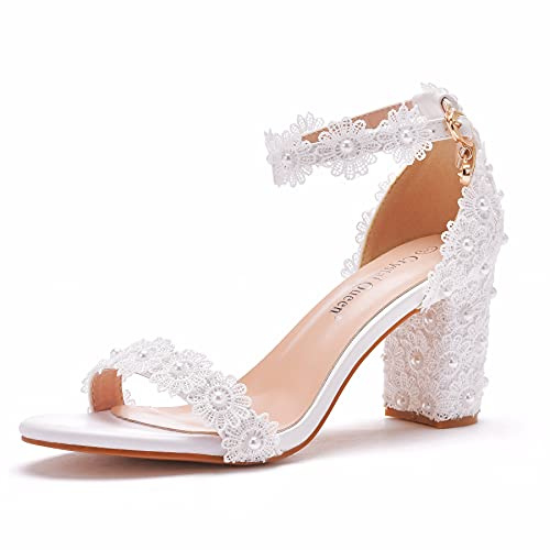 Crystal Queen 3 Inches Block Heel Sandals WomenThick Middle Heels Peep Toe Wedding Sandals Full Pearls White Lace Sandals for Wedding Party Birthday and Evening Shoes C07WL-36