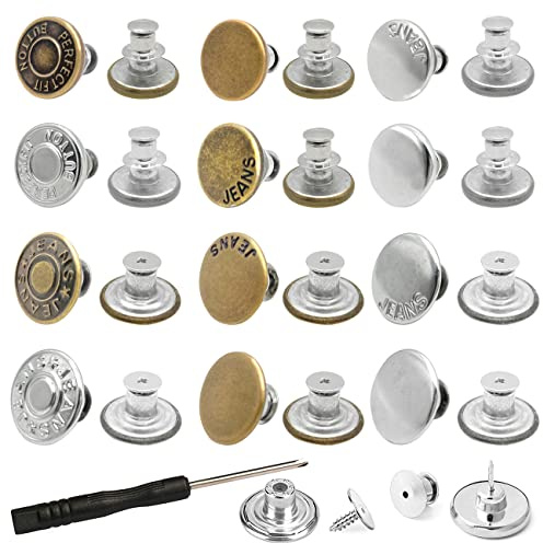 24 Sets Button Pins for Loose Jeans, 12 Types, No Sew and No Tools Instant Replacement Snap Tack Pant Buttons, Reusable and Adjustable Metal Pants Button Tightener, with Screwdriver