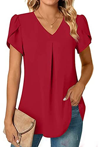 Chiffongskjorta damer kortärmade t-shirts elegant v-ringad toppar enfärgad tunika toppar lös lång skjorta bekväma toppar, röd, M