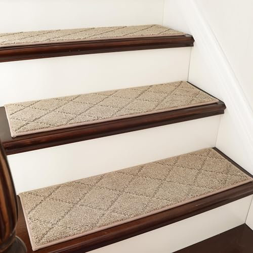 COSY HOMEER Full Edge Wrapping Stair Treads,70x22 CM Non-Slip Carpet Mat for Indoor Stairs, Single Color Polyester Stair Tread Runners Pads for Wooden Steps, Friendly to Kids Pets Elders(4pc, Beige)
