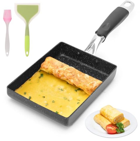 Tutamaz Tamagoyaki Sartén, tortilla, sartén rectangular japonesa, antiadherente omletten pequeña sartén para tortitas con espátula de silicona cepillo para cocina de inducción de gas, 18 x 13 cm