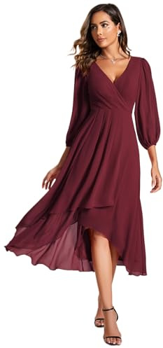 Ever-Pretty Robe de Soirée Femme A Line High Low Col V Manches Longues pour Bal Bordeaux 38