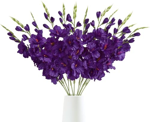 IPOPU 10 PCS Gladiolus Artificial Flowers 30.3 in Silk Gladiolus Flowers with Stems Faux Flower for Home Wedding Office Decoration(Dark Purple)