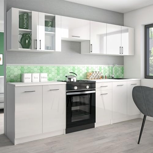 roe furniture Küchenzeile ohne Elektrogeräte - Modern Einbauküche 260 cm - Küche Komplett Leco - Küchenblock - Geräumige Singleküche - Küchenmöbel Komplett Weißer Hochglanz & Weiße Arbeitsplatte