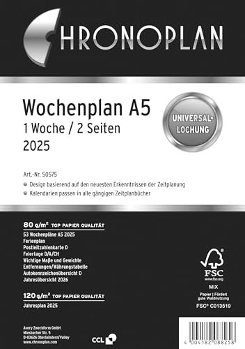 Chronoplan 50575 Kalendereinlage 2025 (Wochenplan A5 (148x210mm) Ersatzkalendarium für Terminplaner, ideal für detaillierte Wochenplanung, 1 Woche auf 2 Seiten in Zeilen, mit Universallochung) weiß