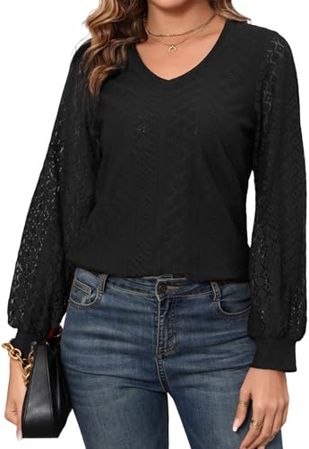 Enjyam Camicia Classica Uncinetto con Maniche Larghe e V-Collo, Maglia Blusa Elegante per Primavera Estate Autunno-Nero/M