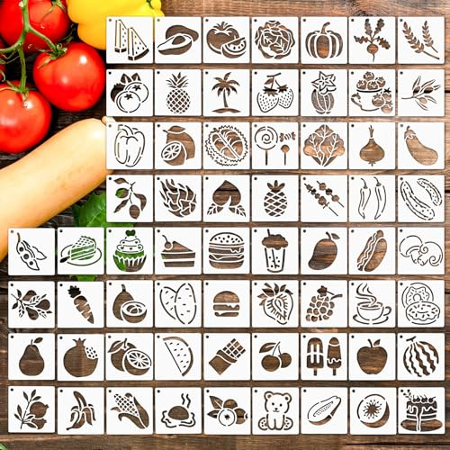 64 plantillas de frutas para pintar, plantillas reutilizables para verduras, manualidades, dibujo, pintura artística sobre lienzo de pared de madera, plantilla de plástico fru y vegetales para