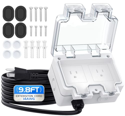 Outdoor Outlet Box with 9.8Ft Extension Cord, NEMA 5-15R,14 AWG Wire Double Socket,IP66 Waterproof Power Outlet Extender with Lockable Cover for Garden Yards Exterior Wall Power Socket