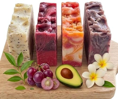 Pack 4 Jabones Artesanales Naturales – Jabones Sólidos de Aguacate, Pepita de Uva, Monoï y Árbol de Té | Jabón Facial, de Manos y para el Cuerpo | Veganos, Hidratantes | Hecho en España