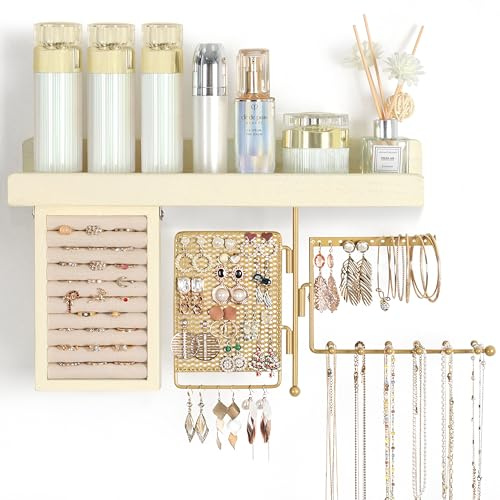SOLIMINTR Hanging Jewelry Organizer Wall Mount with Rustic Wood Shelf, Ring Display Box, Ear Studs Earring Holder, Rotating Necklace Holder Organizer Gold