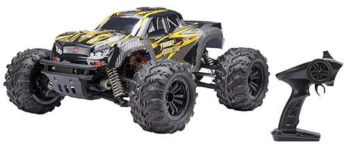 4Speed - Truggy Monster 1:16 - Fjärrstyrd lastbil upp till 30 km/h - vändbara hjul - fram- och bakfjädringar - 2,4 GHz - batteri ingår - RC-leksak för barn inomhus/utomhus