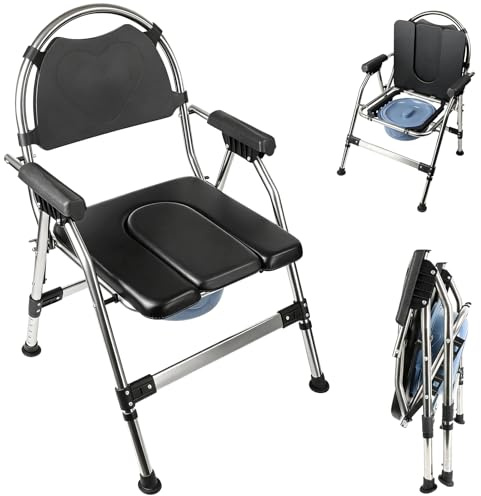 Chaise percée pliante avec seau et couvercle, chaise de douche réglable en hauteur, siège rembourré, pieds stables antidérapants, capacité de charge 150 kg, chaise de toilette pour personnes âgées