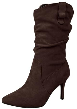 Bottes Femme en Daim Talon Aiguille Bout Pointu Plissé Elegant Bottes Courtes Style Cowboy Semelle Antidérapant Légères Boots Chaussures Automne Et Hiver 42