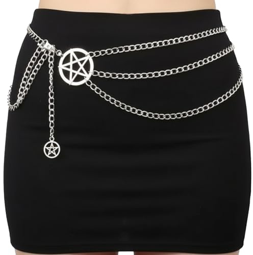 Vbxvsa Kedjebälte med pentagram-hänge, vintage metallkedja, 100 cm punk midjekedjor gotisk, justerbar flerknäppt midjekedja av metall i silver