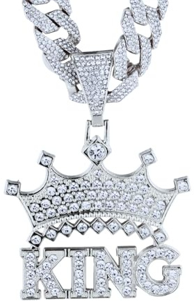 HALUKAKAH Collana Corona King di Diamanti da Uomo,Placcato in Platino,Pendente con Lettere 3D e Diamanti di Laboratorio Incastonati,15mm Catena Cubana 50cm,Regalo per Marito,Figlio,Fidanzato