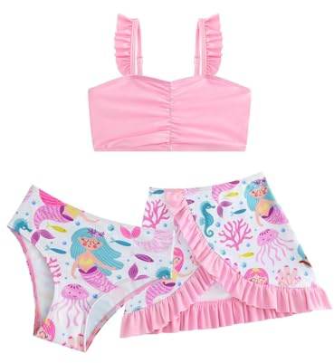 JiAmy Flickor Tankini 3-delad bikiniset med kjol volanger justerbar rem baddräkt söt jordgubbe sjöjungfru vattenmelon munk baddräkt för barn 3-8 år