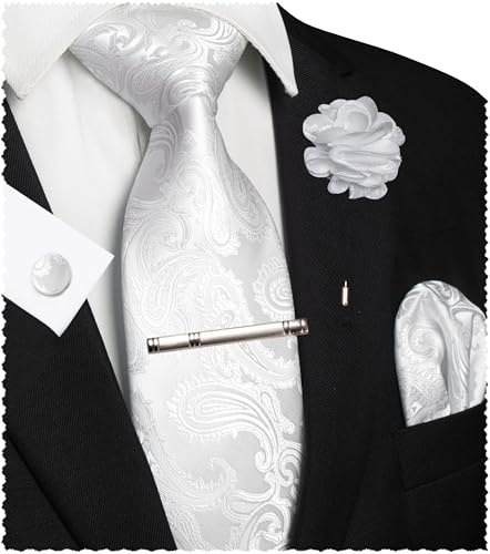 JEMYGINS Ensemble de cravates brodées Paisley pour homme, mouchoir de poche, pince à cravate, boutons de manchette, pour mariage, fête, affaires, multicolore, Blanc., M