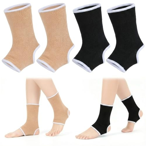 Bende per caviglia per bambini, traspiranti, 2 paia di fasce elastiche per caviglie, per sport, protezione della caviglia, per ragazzi e bambine da 6 a 14 (color pelle, nero)