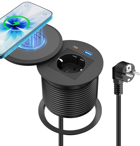 Infälld kontakt med USB-C PD 30 W, trådlös laddning 15 W, Ø80 mm | Inbyggd grenuttag med 1 uttag, USB-A QC18W, vridbart dammfritt lock, 2 m kabel, skrivbord, kök och bänkskiva, svart