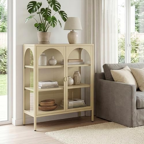 [en.casa] Vetrina a 2 Ante in Vetro Temperato Credenza Buffet in Acciaio con 3 Scomparti Vani Mobile Espositore Libreria per Soggiorno Living Sala Studio 95 x 80 x 35 cm - Color Cammello