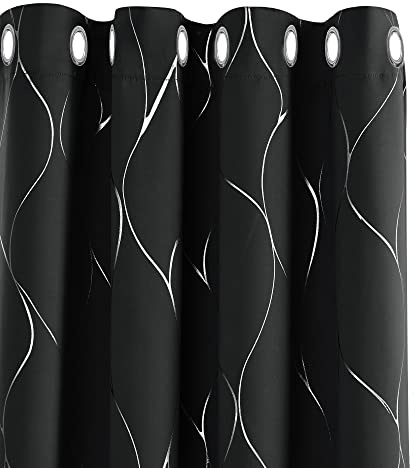 Deconovo Blackout Curtains, Eyelet Curtains, Thermal Insulated Silver Wave Line Foil Printed for Living room, 66 x 90 Inch(Width x Length), Black, 2 panels