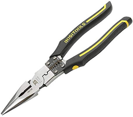 Spitzzange 240mm Mehrzweck-Langzange, B BOSI TOOLS Multifunktions Drahtschneider/Abisolierzangen/Crimpen, robuste Multifunktions-Zangen für Elektriker zum Pressen, Abisolieren und Schneiden
