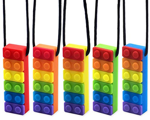Novelfun Sensory Chew Halskette, 5 Stück Regenbogenfarben Silikon Kauanhänger Training Spielzeug Kauen Halskette für das Zahnen von Babys, Autismus ADHS SPD, Oral Motor, Angst Kinder