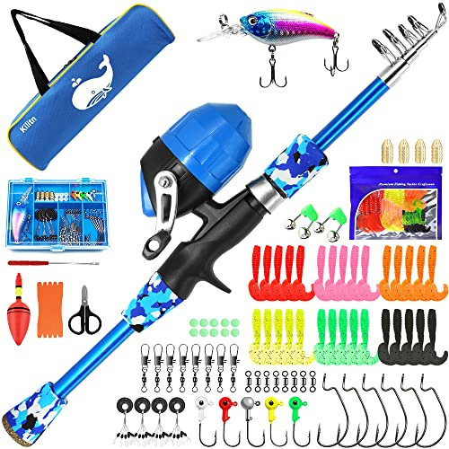 Kilitn Kit de Caña de Pesca para Niños - 86 Piezas, Caña de Pescar Telescópica y Carretes de Pesca, Juego de Accesorios de Pesca con Caja y Bolsa de Viaje, ​para Niños Principiantes(Azul, 1.5M 4.92FT)