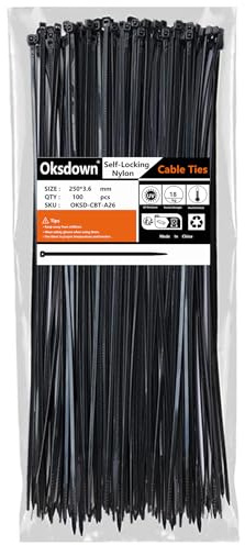 Oksdown 100 Pack Black Plastic Cable Ties 250mm×3.6mm Heavy Duty Strong Nylon Premium Self Locking 10 inch/25 cm Long Zip Tie Wraps