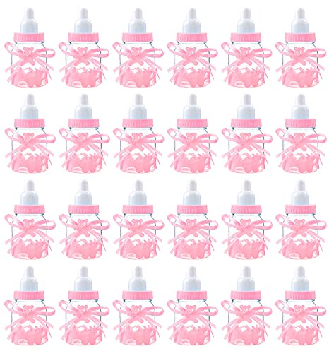 Botella de Dulces para Baby Shower,24 PCS Botella de Caramelo Botellas de Dulces Rellenables Decoraciones para Baby Shower para Niños Niñas Fiestas Bautismo Bautizo Cumpleaños Rosado
