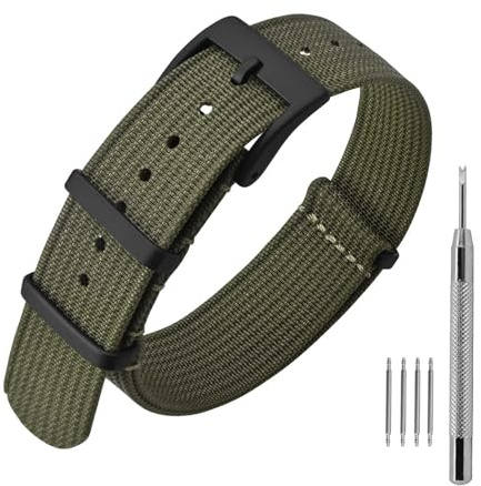 ANNEFIT Nylon Watch Band 22mm, One-Piece Waterproof Military Watch Straps with Heavy Black Buckle (Army Green)