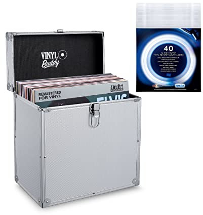 VINYL BUDDY 12 Aluminium Vinyl Record Storage Case,Holds up to 40 LPs (in PVC Sleeves) Includes 40 x 12 Inch Outer Record Sleeves (Sliver)