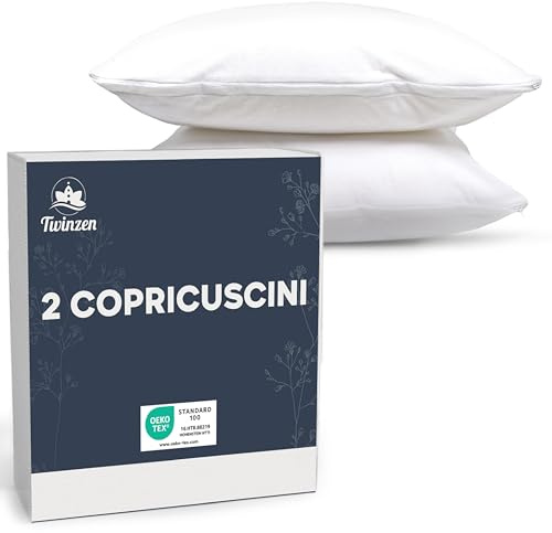 Coppia di Federe per cuscini 50x75 - Set da 2 Copricuscini Letto Matrimoniale Impermeabili con Cerniera - Certificato Oeko-Tex - Tecnologia Twinzen Copri Cuscino Letto Bianco