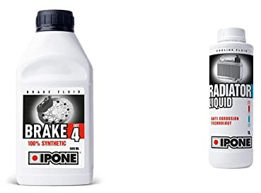 Ipone - Liquide de Frein et Embrayage Moto – Brake Dot 4 – 100% Synthétique - Point d’ébullition à Sec 260°C – 500 ML & Liquide de Refroidissement Moto - Bidon 1 litre - Radiator Liquid