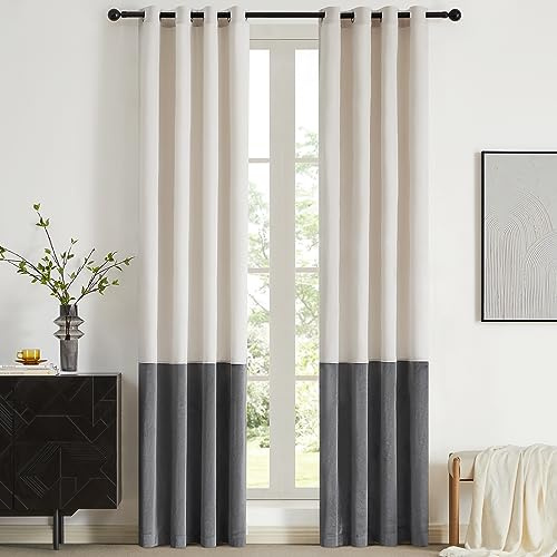 BULBUL Color Block Window Curtains Panels 84 inches Long Cream Ivory Grey Polyester Velvet Farmhouse Drapes for Bedroom Living Room Darkening Treatment with Grommet Set of 2