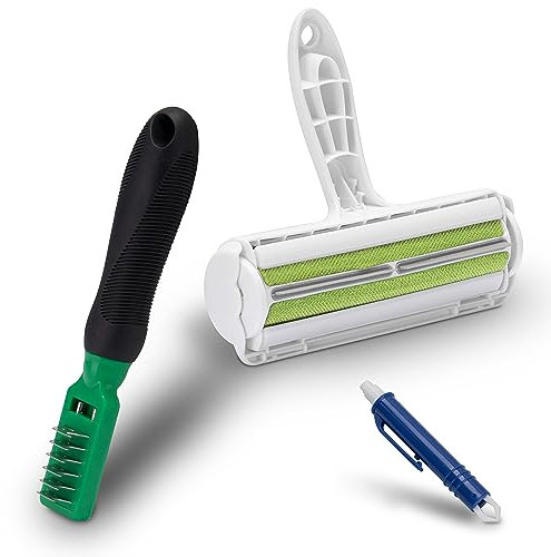 FinoPet 3er Entfilzungs-Set Entfilzungsbürste als Hundebürste/Katzenbürste, XL Fusselrolle und Zeckenzange, Entfilzungsmesser für alle Tiergrößen, Tierhaarentferner, Automatische Zeckenentfernung