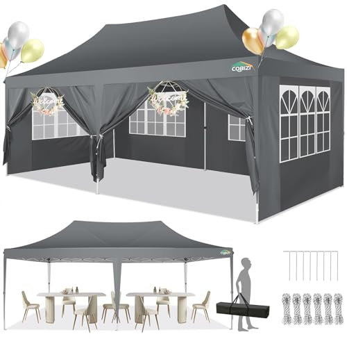 COBIZI Pavillon 3x6m, Faltpavillon 3x6 Wasserdicht Stabil mit 6 Seitenteilen Partyzelt Pop Up Camping Pavillon Gartenzelt Gartenpavillon für Garten, Party, Festival, Hochzeit, UV-Schutz, Grau