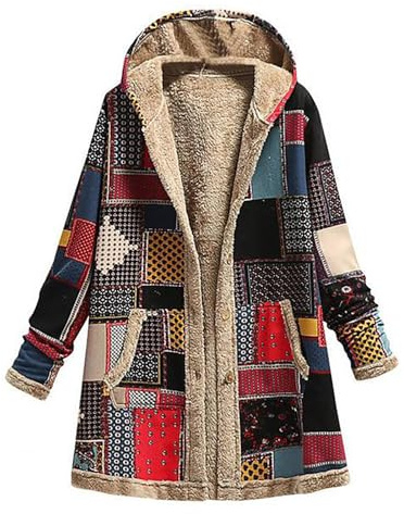 Women Coat Sale Clearance Plus Size Vintage Print Long Padded Coat Hooded Color Block Mid-Length Warm Quilted Cotton Hoody Jacket Ladies Winter Coat UK Size 8-20